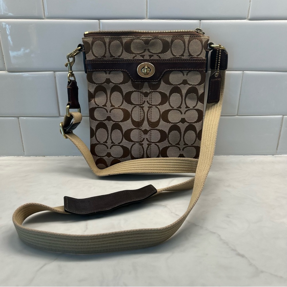 Coach Signature Turnlock Swingpack Crossbody Brown Tan Canvas Bag 40688